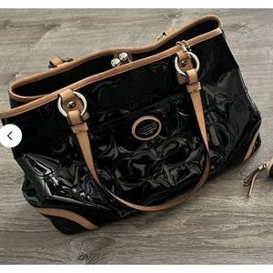 Coach Peyton Tote with Kiss Lock Black with Tan Trim